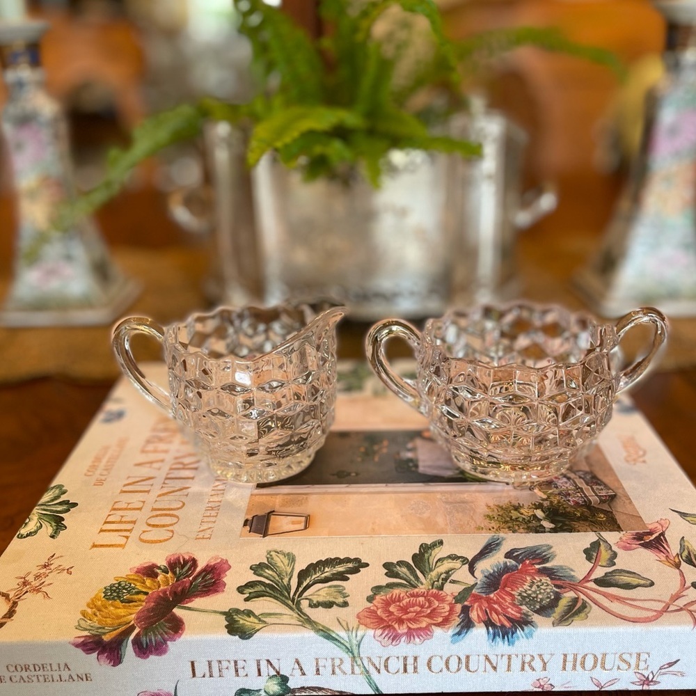 Vintage Fostoria American Creamer and Sugar Set, Clear Depression Cut Glassware